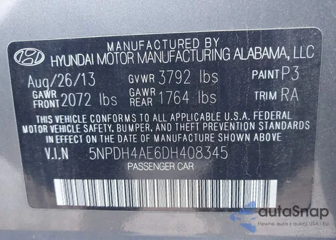 2013 Hyundai Elantra Gls from USA, damaged, VIN 5NPDH4AE6DH408345